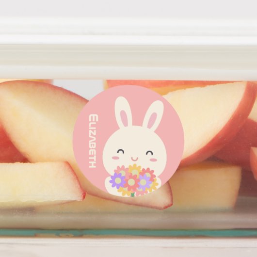Cute Cartoon Bunny Flowers Custom Name Pastel Pink Labels (Aangebracht)