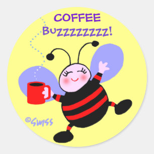 Cute Cartoon Busy Bee met Red Stripes Coffee Buzz Ronde Sticker