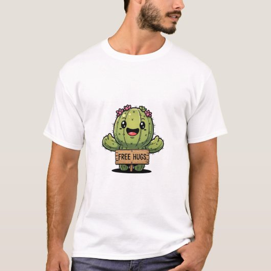 Cute Cartoon Cactus Character Offering Free Hugs T-shirt (Voorkant)