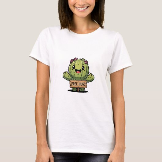 Cute Cartoon Cactus Character Offering Free Hugs T-shirt (Voorkant)