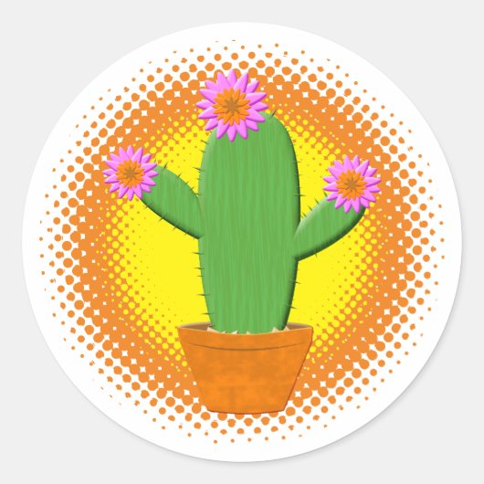 Cute Cartoon cactus met roze bloemen Ronde Sticker (Voorkant)