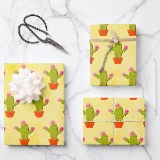Cute Cartoon cactus met roze bloemen schilderen Inpakpapier Vel (Voorkant)