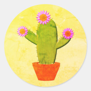 Cute Cartoon cactus met roze bloemen schilderen Ronde Sticker