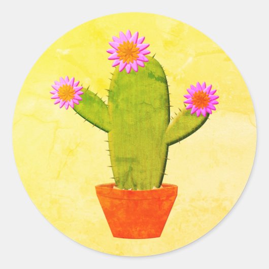 Cute Cartoon cactus met roze bloemen schilderen Ronde Sticker (Voorkant)