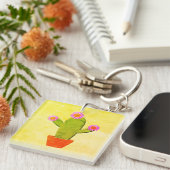 Cute Cartoon cactus met roze bloemen schilderen Sleutelhanger (Voorkant Rechts)