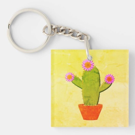 Cute Cartoon cactus met roze bloemen schilderen Sleutelhanger (voorkant)