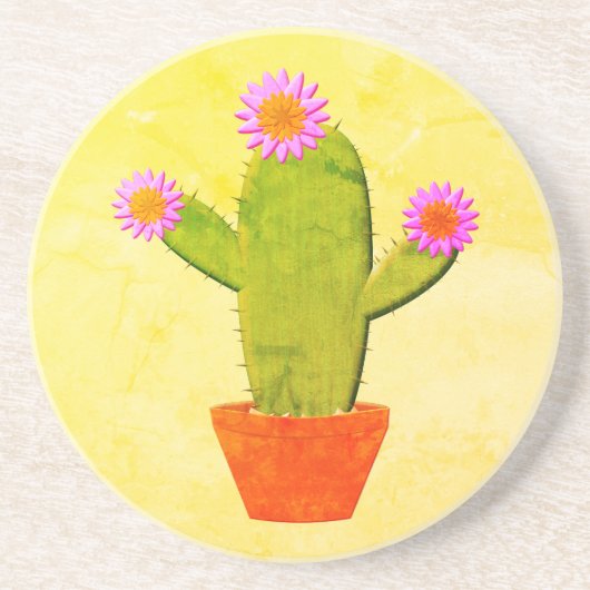Cute Cartoon cactus met roze bloemen schilderen Zandsteen Onderzetter (Voorkant)