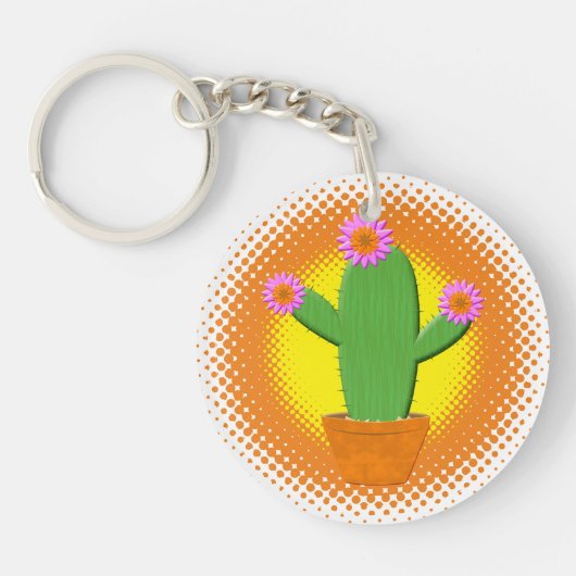Cute Cartoon cactus met roze bloemen Sleutelhanger (Voorkant)