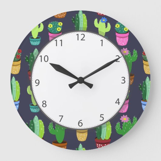 Cute Cartoon Cactus Pattern Grey Numbers Grote Klok (Voorkant)