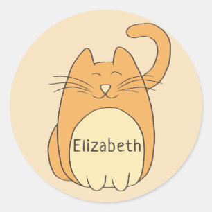 Cute Cartoon Cat Add Name Beige Ronde Sticker