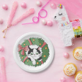 Cute Cartoon Cat in Christmas Wreath Papieren Bordje (Feest)