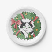Cute Cartoon Cat in Christmas Wreath Papieren Bordje (Voorkant)