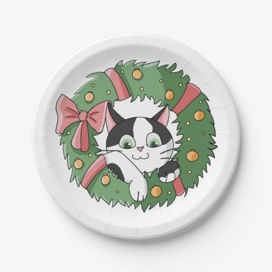 Cute Cartoon Cat in Christmas Wreath Papieren Bordje (Voorkant)