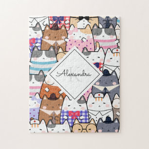 Cute Cartoon Cat Kitten Pattern Monogram Girl Name Legpuzzel