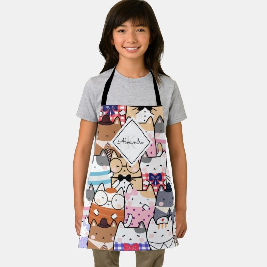 Cute Cartoon Cat Kitten Pattern Monogram Girl Name Schort (Insitu)