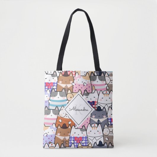 Cute Cartoon Cat Kitten Pattern Monogram Girl Name Tote Bag (Voorkant)