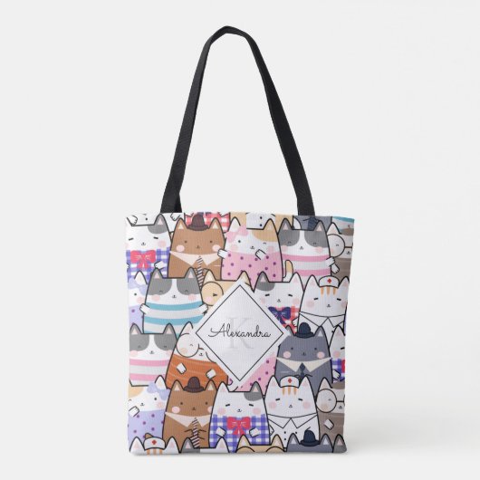 Cute Cartoon Cat Kitten Pattern Monogram Girl Name Tote Bag (Achterkant)