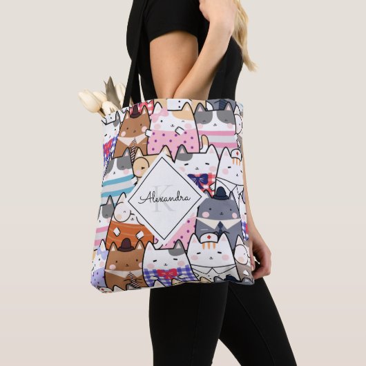 Cute Cartoon Cat Kitten Pattern Monogram Girl Name Tote Bag (Dichtbij)