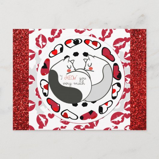 Cute Cartoon Cat Love Red Glitter Briefkaart (Voorkant)