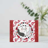 Cute Cartoon Cat Love Red Glitter Briefkaart (Staand voorkant)