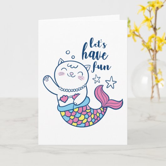 Cute cartoon cat mermaid kaart (Gele Bloem)