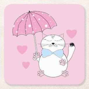 Cute cartoon cat met paraplu kartonnen onderzetters