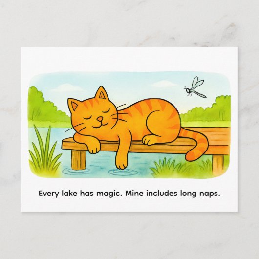 Cute Cartoon Cat Resting on Wooden Dock Briefkaart (Voorkant)
