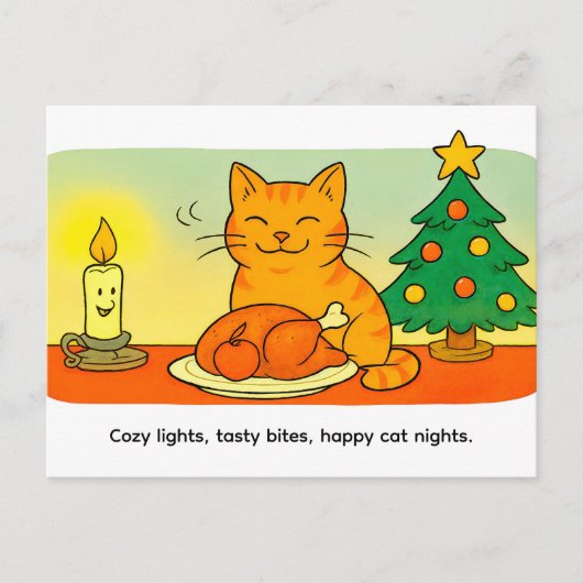 Cute Cartoon Cat Sitting by Christmas Candle Briefkaart (Voorkant)