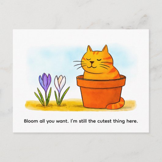 Cute Cartoon Cat Sitting in Spring Flowers Briefkaart (Voorkant)