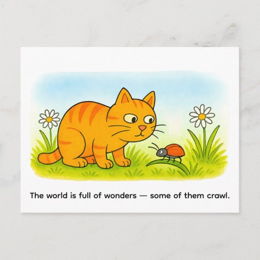 Cute Cartoon Cat Watching Ladybug in Meadow Briefkaart (Voorkant)