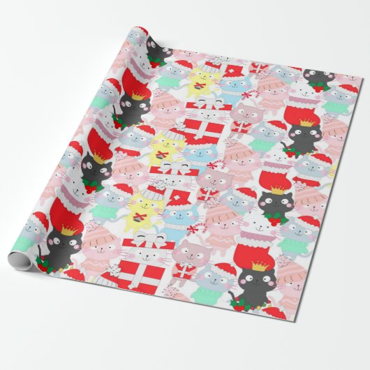 Cute Cartoon Cats Kerstmis Cadeaupapier (Uitgerold)