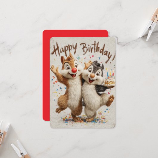 Cute Cartoon Chipmunks Happy Birthday Card (Voorkant / Achterkant in situ)