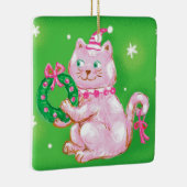 Cute Cartoon Christmas Cat Holding Wreath Keramisch Ornament (Rechts)