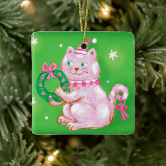 Cute Cartoon Christmas Cat Holding Wreath Keramisch Ornament
