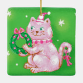 Cute Cartoon Christmas Cat Holding Wreath Keramisch Ornament (Achterkant)
