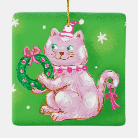 Cute Cartoon Christmas Cat Holding Wreath Keramisch Ornament (Achterkant)