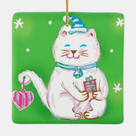 Cute Cartoon Christmas Cat Wearing a Santa Hat Keramisch Ornament (Achterkant)
