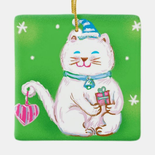 Cute Cartoon Christmas Cat Wearing a Santa Hat Keramisch Ornament (Voorkant)