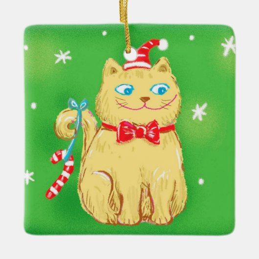 Cute Cartoon Christmas Cat with Santa Hat Keramisch Ornament (Voorkant)