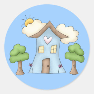 Cute Cartoon Country House Tree Scene Ronde Sticker