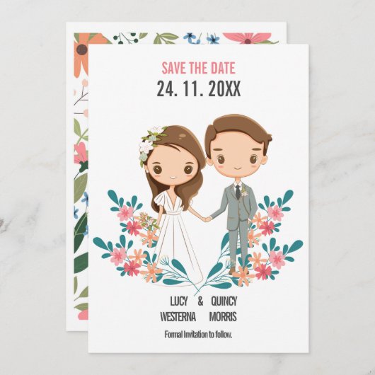 Cute Cartoon Couple floral Save the Date (Voorkant / Achterkant)