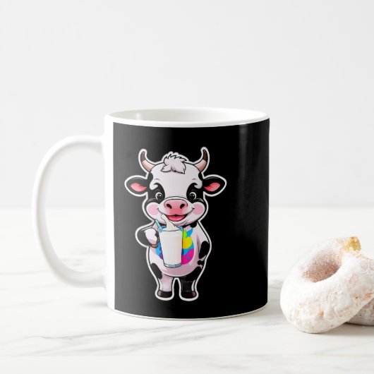 Cute Cartoon Cow Drinking Milk From Glass Koffiemok (Met donut)