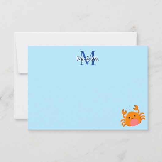 Cute Cartoon Crab Blue Ocean Lined Custom Notitiekaartje (Voorkant)