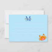 Cute Cartoon Crab Blue Ocean Lined Monogram Notitiekaartje (Voorkant)