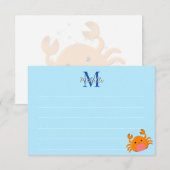 Cute Cartoon Crab Blue Ocean Lined Monogram Notitiekaartje (Voorkant / Achterkant)