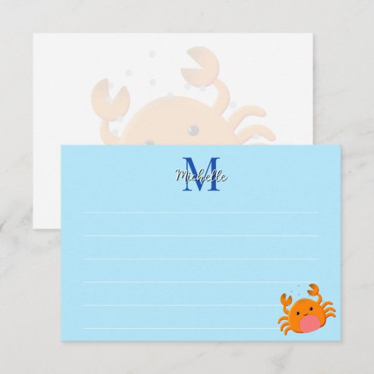 Cute Cartoon Crab Blue Ocean Lined Monogram Notitiekaartje (Voorkant / Achterkant)