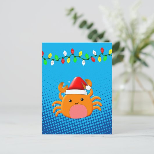 Cute Cartoon Crab Santa Hat kerstlampjes Briefkaart (Staand voorkant)