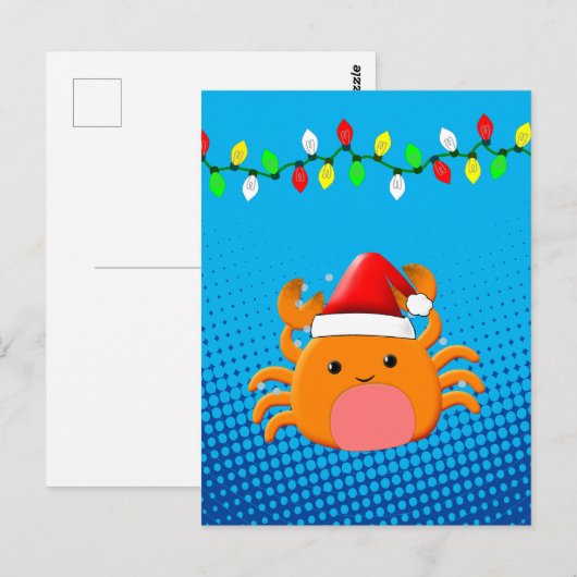 Cute Cartoon Crab Santa Hat kerstlampjes Briefkaart (Voorkant / Achterkant)