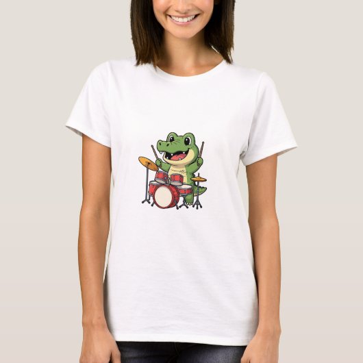 Cute Cartoon Crocodile Drummer Mascot T-shirt (Voorkant)