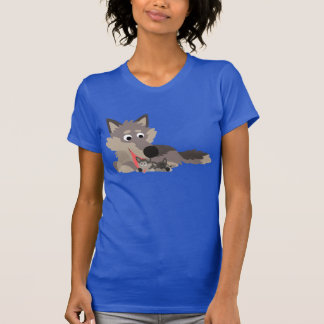 Cute Cartoon Dad Wolf and Pups Women T-Shirt